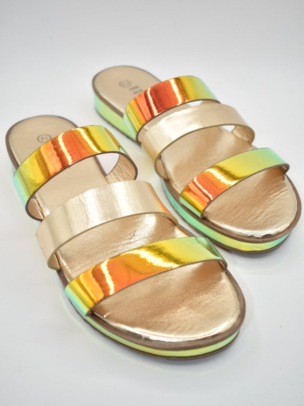 Women's 7.5 Rouge Bestie Iridescent Strap On Slide Sandals with Metallic Base